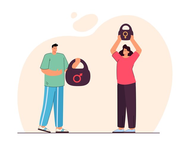 Personas con peso con símbolos para hombre y mujer. Ambos sexos compiten en la ilustración de vector plano de fuerza. Competencia, concepto de relación familiar para banner, diseño de sitio web o página web de destino