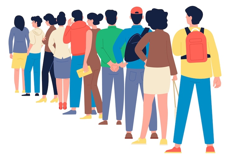 Vector personas de pie en la cola vista posterior