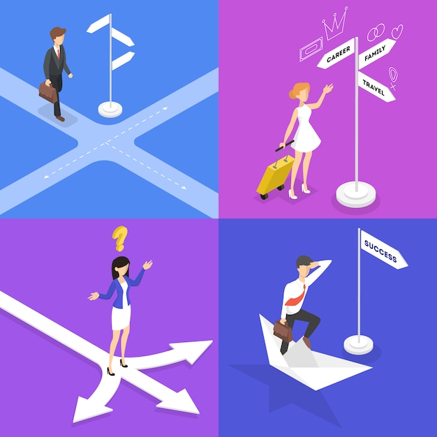 Personas de pie en la encrucijada y conjunto de pensamiento. El empresario elige la dirección del camino. Difícil elección de la estrategia futura. ilustración isométrica