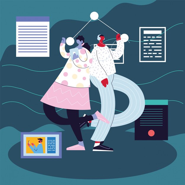 Personas de pie con iconos de redes sociales