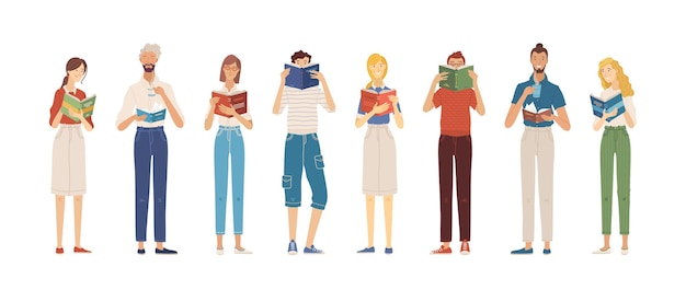 Vector personas de pie y leyendo libros.