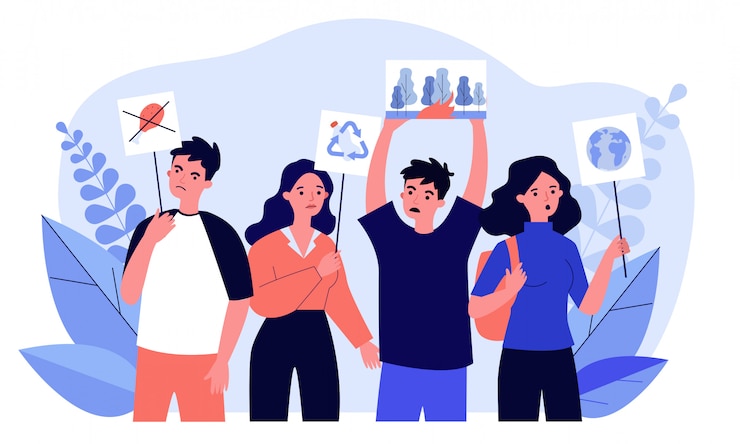 Vector personas de pie en protesta de ecología