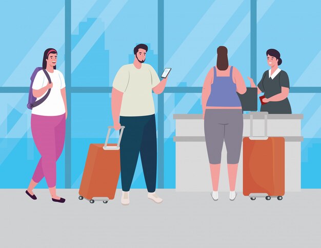 Personas de pie para registrarse, registrarse para el vuelo, mujeres y hombres con equipaje esperando la salida del avión en el diseño de ilustración vectorial del aeropuerto