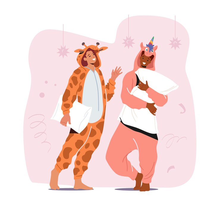 Vector personas en pijamas kigurumi, joven y mujer con disfraces de animales unicornio y jirafa. adolescentes bailan y se divierten