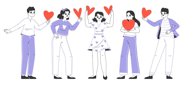 A las personas planas que llevan y sostienen corazones les encanta compartir personajes enamorados ilustración vectorial plana