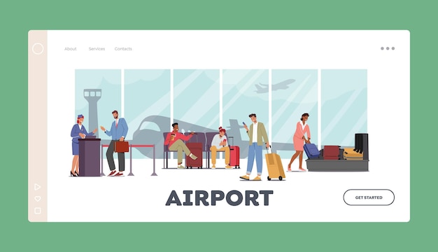 Vector personas en la plantilla de la página de destino del aeropuerto caracteres escaneo registro de pases de equipaje y espera en la terminal