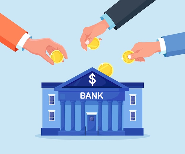 Personas poniendo monedas de dólar de oro en el edificio del banco como hucha. Ahorro o acumulación de dinero. Devolución de dinero. Inversión. Cambio de moneda, Servicios financieros