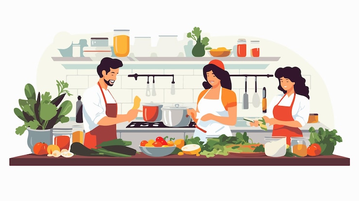 Vector personas profesionales cocinando comida en una ilustración vectorial de cocina