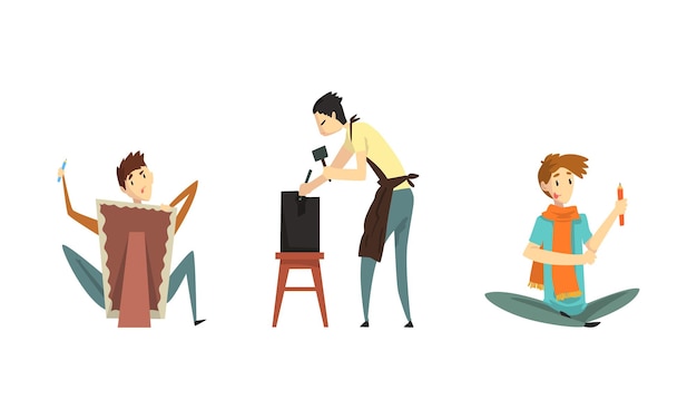Personas de profesiones creativas Conjunto Escultor trabajando en su escultura Artista Pintura en lienzo Ilustración vectorial de dibujos animados