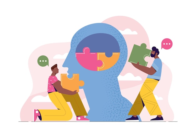 Las personas con psicoterapia practican hombres con rompecabezas cerca de la silueta de la cabeza conciencia y atención plena