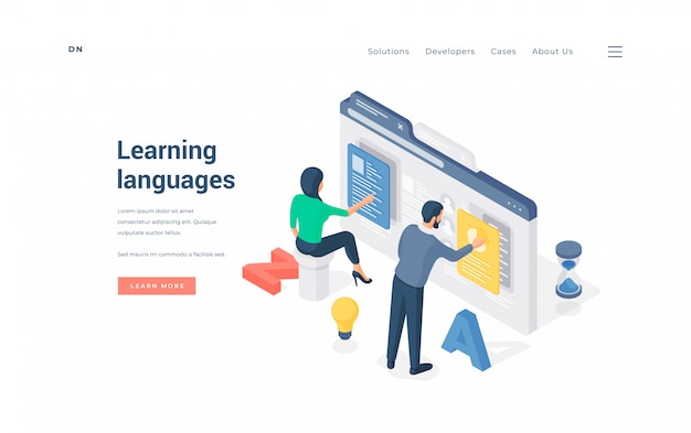 Personas que aprenden idiomas extranjeros en línea. Hombre y mujer isométricos que utilizan software en línea para aprender idiomas extranjeros a través de Internet en el banner publicitario del sitio web educativo