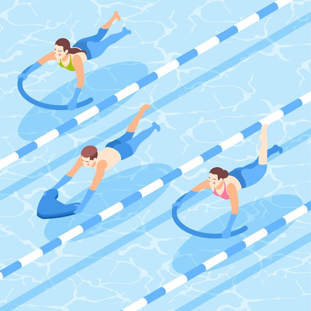Personas que aprenden a nadar con ayuda en la composición isométrica de la piscina.