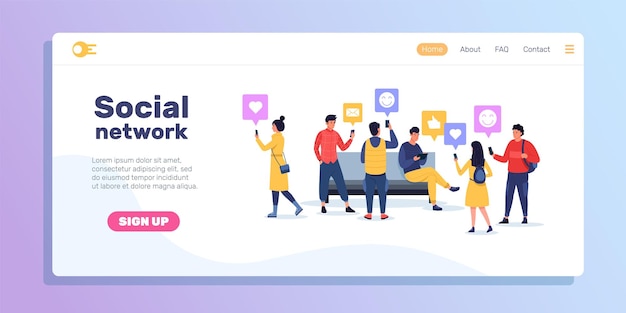 Personas que aterrizan en redes sociales Personas que se comunican a través de dispositivos inteligentes en redes sociales Me gusta de vectores y plantilla de sitio web de reacción