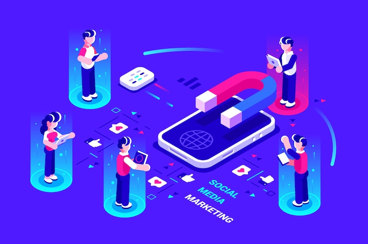 Vector personas que atraen me gusta con un gran imán en el teléfono inteligente.