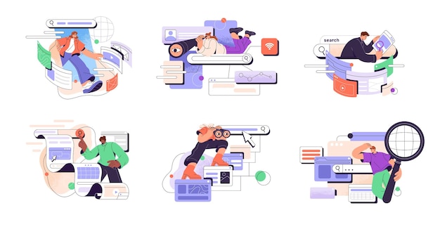 Personas que buscan explorando la navegación por Internet con lentes de ampliación, binoculares, usuarios que navegan por sitios web, páginas web, concepto de SEO, ilustración vectorial gráfica plana aislada sobre un fondo blanco.