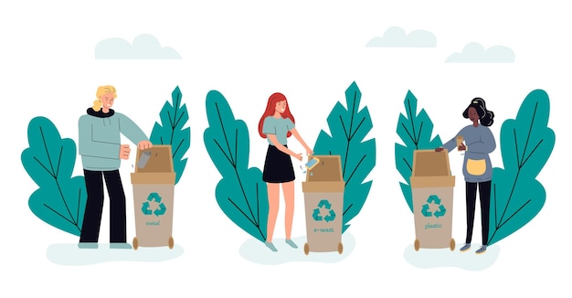 Vector personas que clasifican basura en contenedores de basura esbozan ilustraciones vectoriales aisladas