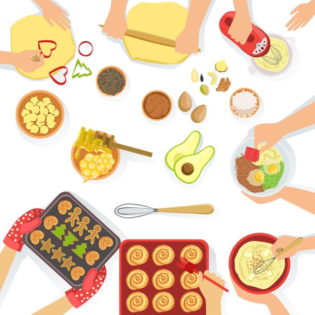 Personas que cocinan pasteles dulces y otros platos En conjunto, desde arriba, proceso de clase de preparación de alimentos
