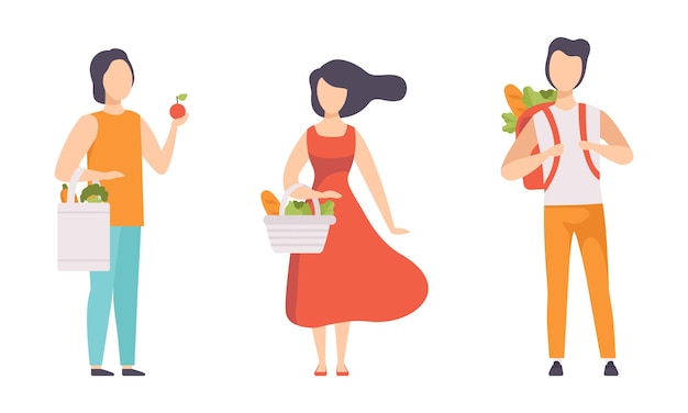 Personas que compran frutas y verduras Conjunto Persona que compra alimentos saludables Dieta vegetariana Concepto Ilustración de vector plano