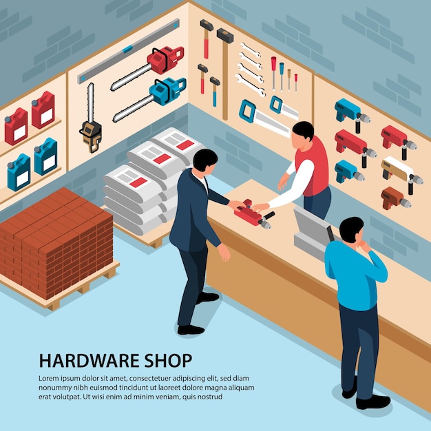 Vector personas que compran herramientas de construcción en ferretería isométrica 3d