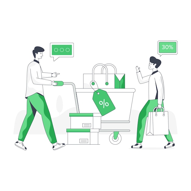 Personas que compran productos ilustración plana de carrito de compras