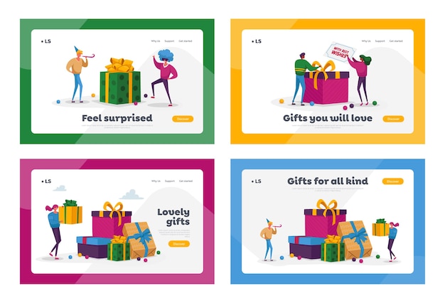 Personas que compran regalos para familiares y amigos en vacaciones Conjunto de plantillas de página de destino. Los personajes felices llevan cajas de regalo envueltas en una enorme pila de regalos. Prepárese para la Navidad. Dibujos animados