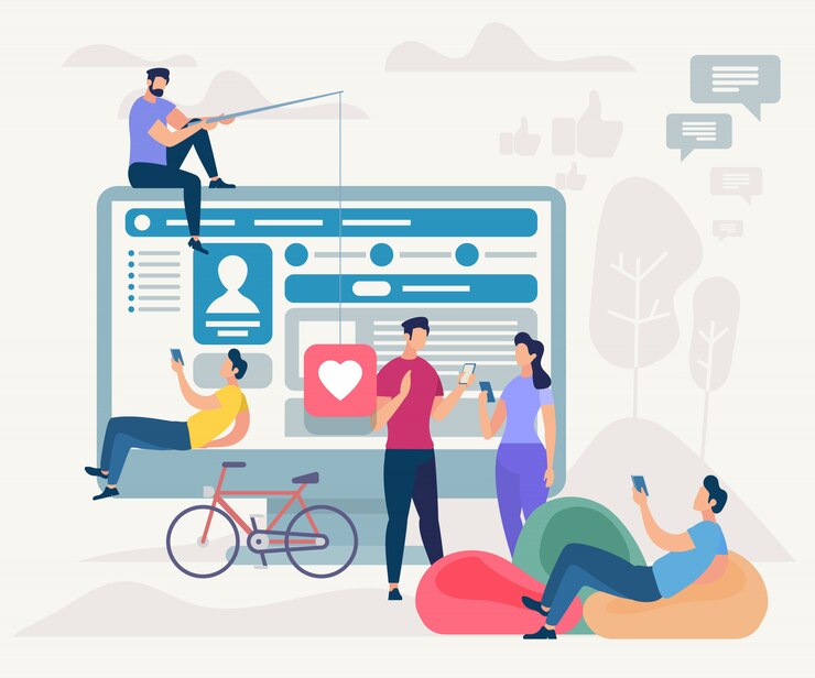Vector personas que se comunican a través de internet usando la aplicación móvil