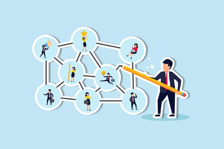 Vector las personas que se conectan para oportunidades de negocios se conectan con el equipo o amigos, redes sociales o negocios.