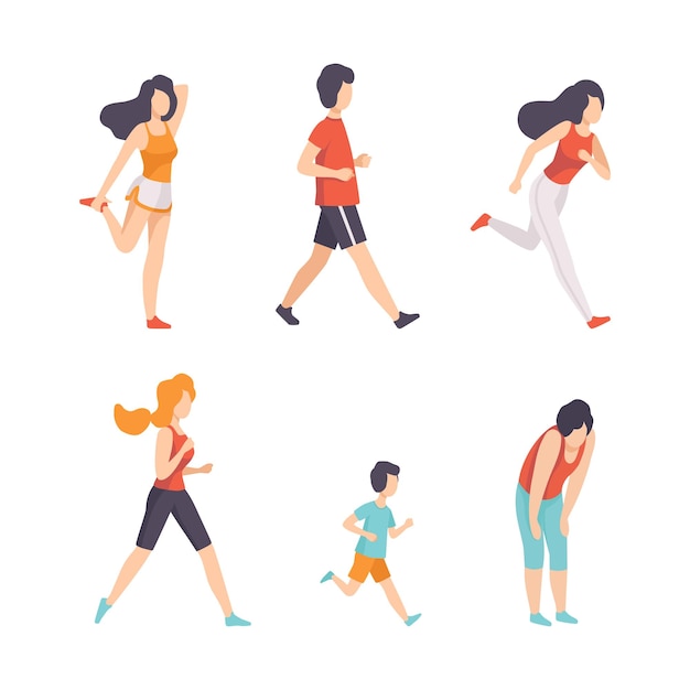 Personas que corren y corren haciendo deporte y ejercicio físico entrenamiento conjunto de vectores corporales y musculares