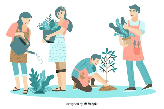 Vector personas que cuidan las plantas de diseño plano.