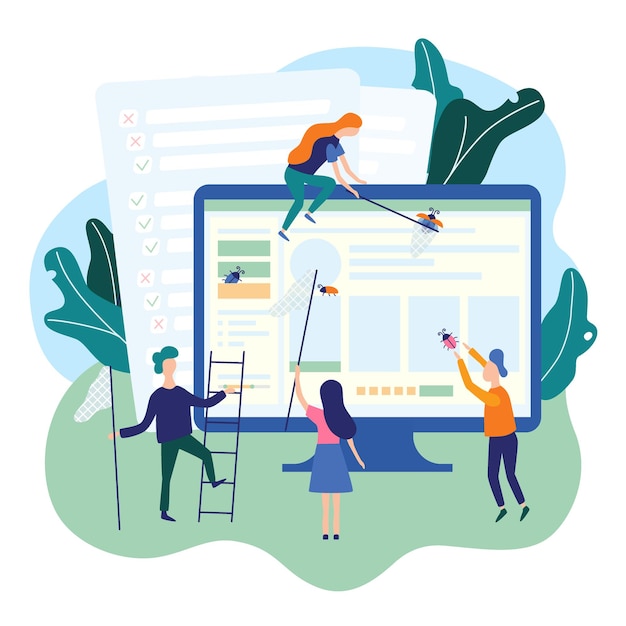 Personas que detectan errores en el equipo de control de calidad de control de calidad de pruebas de aplicaciones de software de TI de la página web.