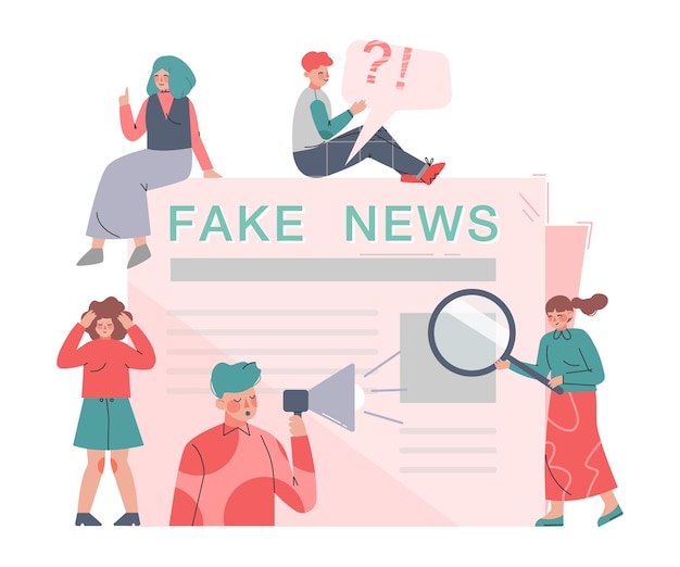Las personas que difieren noticias falsas en la prensa, los medios de comunicación, la propaganda, la información falsa, la difusión de caricaturas.