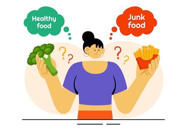 Personas que eligen entre alimentos saludables e insalubres Ilustración vectorial con una comparación de comida rápida y menús equilibrados para un estilo de vida saludable