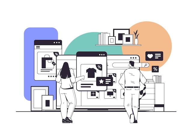 personas que eligen artículos en la pantalla del portátil en la aplicación de la computadora compras en línea marketing digital concepto de comercio electrónico ilustración de vector lineal horizontal