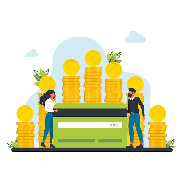 Las personas que se encuentran cerca de una gran pila de monedas tienen una tarjeta de crédito bancaria. Personajes exitosos felices con un montón de monedas. Bienestar financiero. Inversión empresarial y ahorro de dinero. Tasas y concepto de financiación