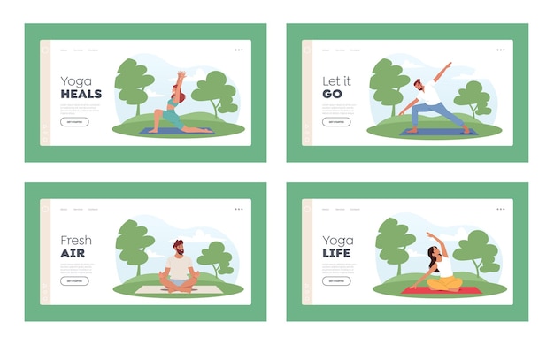 Personas que hacen ejercicios en el parque plantilla de página de aterrizaje conjunto de personajes actividad de yoga al aire libre concepto entrenamiento físico