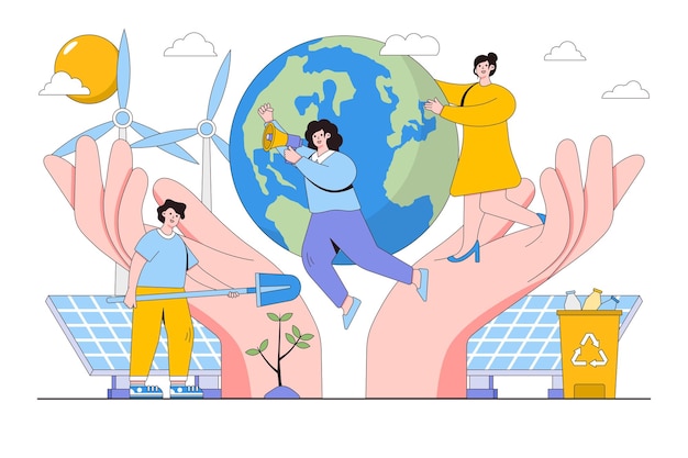 Personas que intentan salvar el planeta del cambio climático y el calentamiento global Persona que planta árboles Ilustración de dibujos animados vectoriales ambientales y del día de la tierra para imágenes de héroes de banner web de página de destino