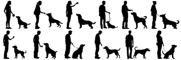Las personas que juegan con siluetas de perros establecen un gran paquete de diseño de silueta vectorial aislado de fondo blanco