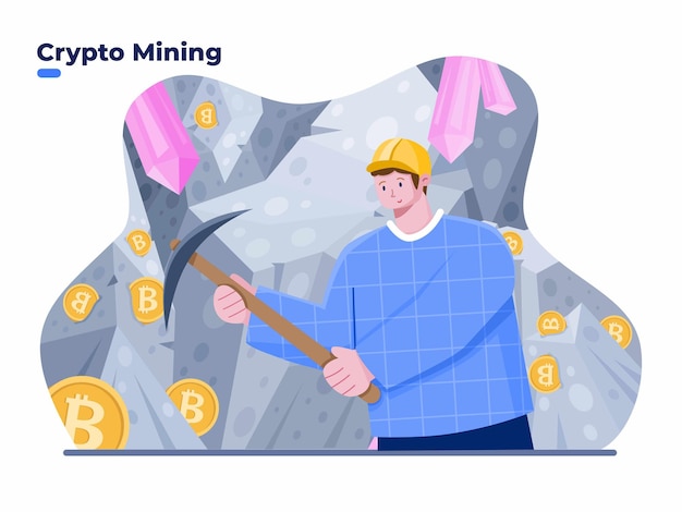 Personas que minan monedas criptográficas con ilustración del concepto de pico proceso de minería criptográfica de moneda digital hombre cavando y extrayendo bitcoins en la cueva de la mina minero criptográfico exitoso