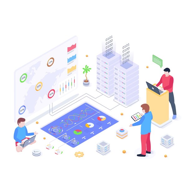 Personas que monitorean datos ilustración isométrica de big data