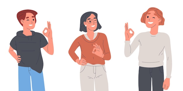 Personas que muestran signos de bien carácter masculino y femenino con gesto positivo amigos sonrientes lenguaje corporal ilustración vectorial plana sobre fondo blanco