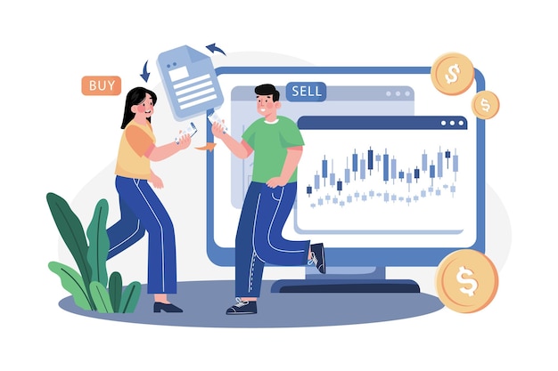 Personas que negocian en el concepto de ilustración del mercado de valores Una ilustración plana aislada en el fondo blanco