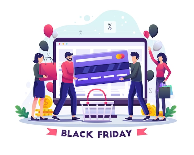 Personas que pagan por comprar con tarjetas de crédito en la ilustración de vector de Black Friday