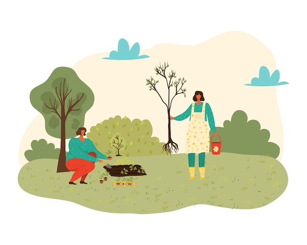 Las personas que plantan árboles, plantas y jardinería en la naturaleza, las mujeres con herramientas en el jardín aislado ilustración.