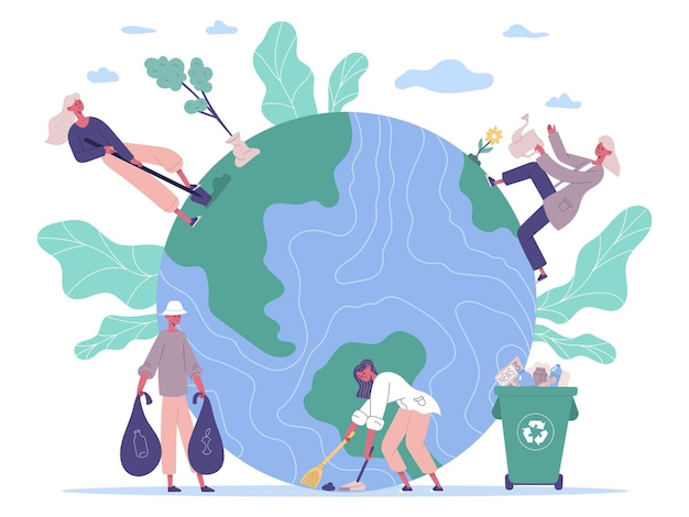 Personas que protegen el medio ambiente, se preocupan por la tierra. Protección de la ecología, voluntarios plantando y limpiando la ilustración de vector de medio ambiente. Concepto de protección de la naturaleza