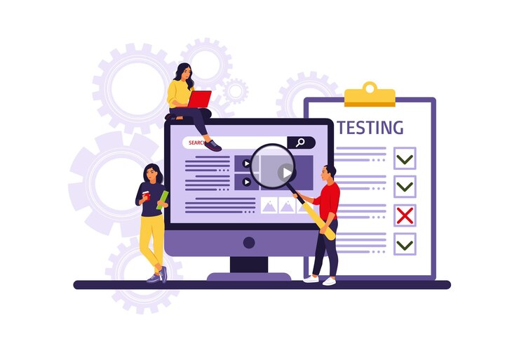Vector personas que prueban software arreglando errores en dispositivos de hardware.