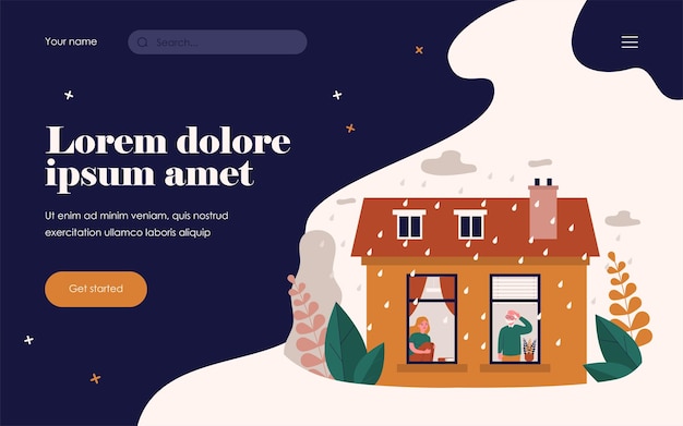 Personas que se quedan en casa durante el tiempo lluvioso. Vista a través de la ventana, exterior, depresión ilustración vectorial plana. Otoño, otoño, concepto de sensibilidad climática para banner, diseño de sitio web o página de destino