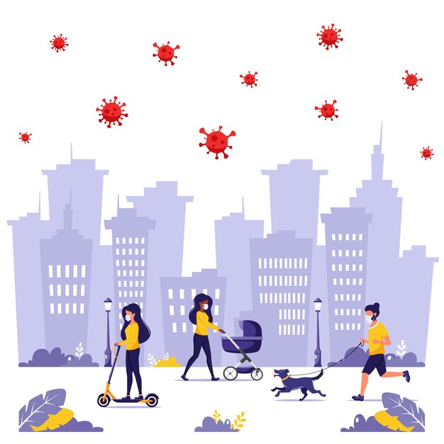 Personas que realizan actividades al aire libre durante la pandemia. Correr con máscara, caminar con máscara con perro, caminar con máscara con bebé.