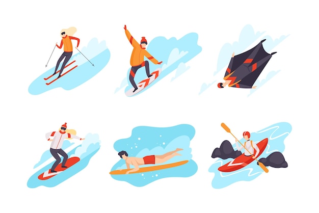 Personas que realizan deportes extremos Surf paracaidismo esquí kayak snowboard ilustración de vector plano