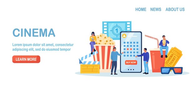 Personas que reservan sillones de boletos de cine en el teatro por aplicación móvil Ver películas de arte de cine en línea con un cubo de palomitas de maíz Gafas 3d Bebidas gaseosas y claqueta de tira de película Concepto de cinematografía