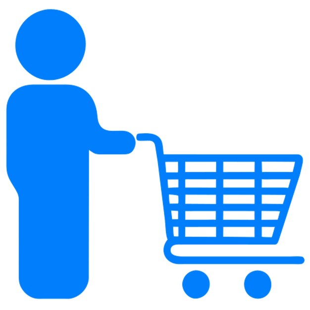 Personas que sostienen el icono del carrito de compras en azul real con icono de línea simple